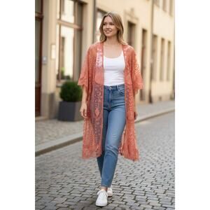 Torrid Rust Floral Lace Kimono | Sheer Open Front Boho Cardigan 3/4